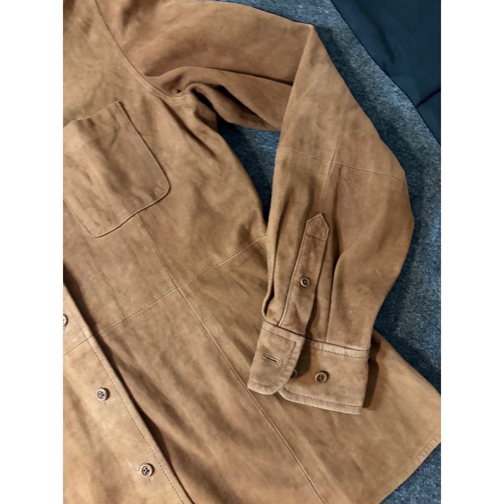Womens Brown Suede Leather Button Front Shirt Jacket Long Sleeve Size M - Picture 15 of 16